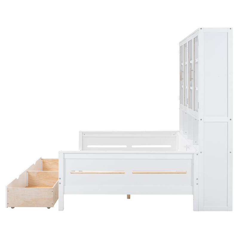Bookcase Daybed with Storage Cabinets Wooden Captains Bed Built-in LED Lighting
