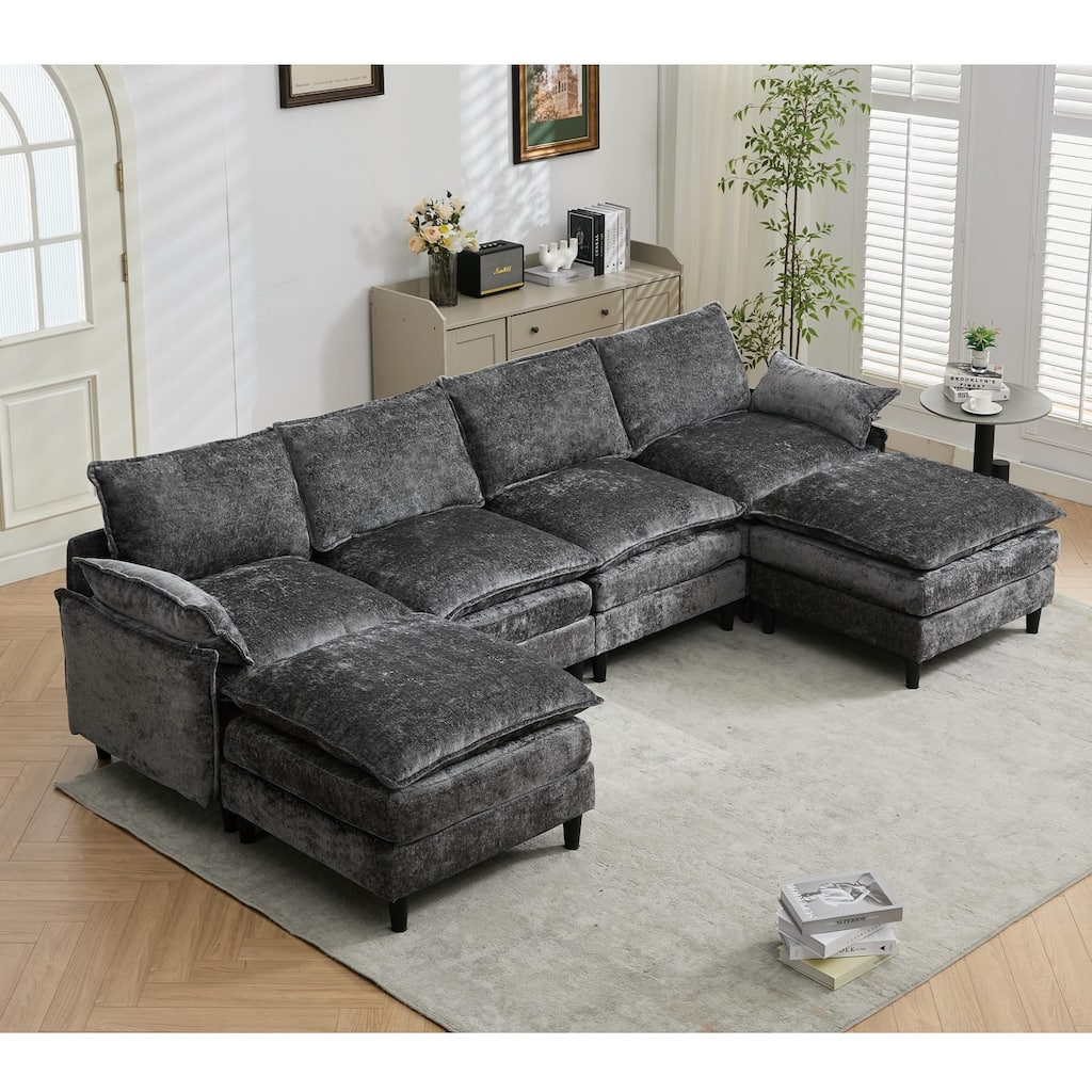 121.5" U-Shaped Chenille Sectional Sofa with 2 Ottomans & 6 Pillows
