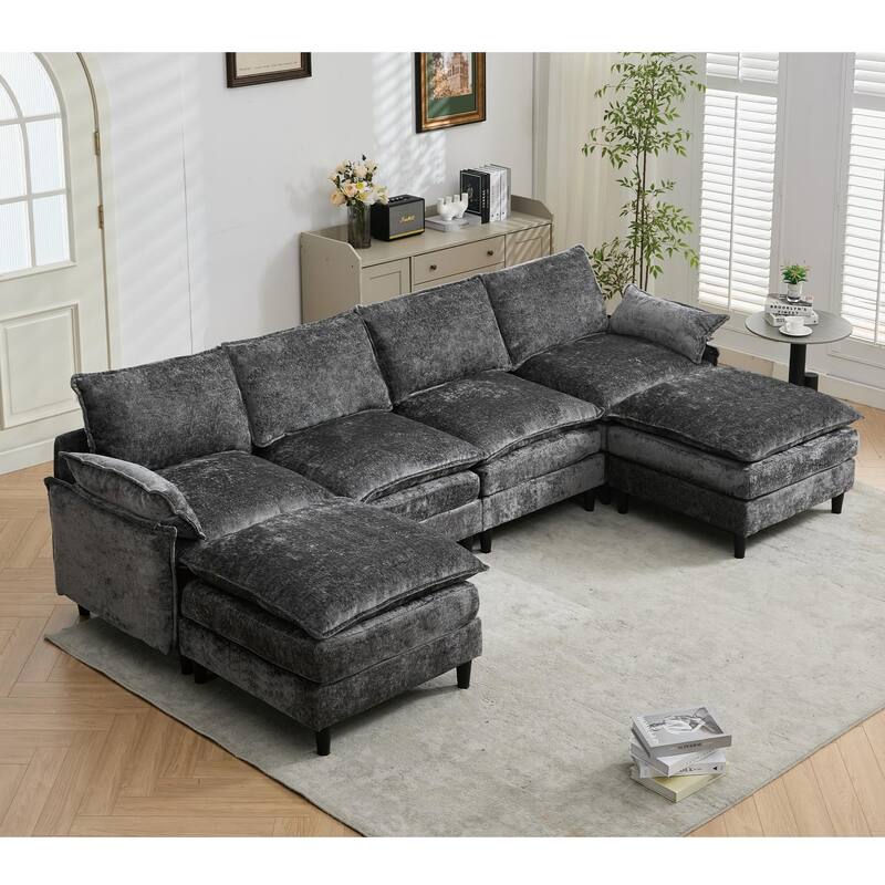Oversized U Shaped Sectional Couch, Comfy Cloud Modular Sectional Sofa with 2 Ottoman Deep Seat Chenille Modern Cloud Sofa - Dark Gray
