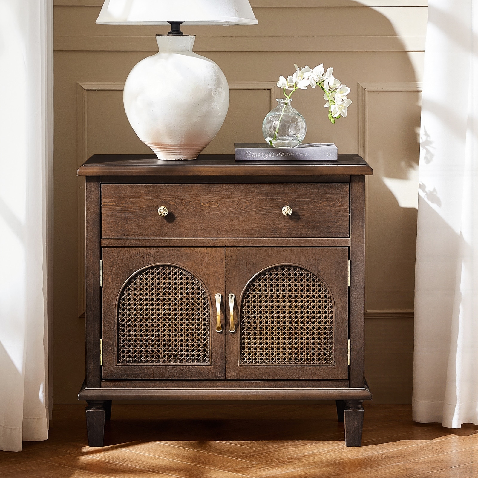 Georg Traditional 1-Drawer and 2-Faux rattan-Door End Table with Built-in Power Outlet and Adjustable Shelf by HULALA HOME