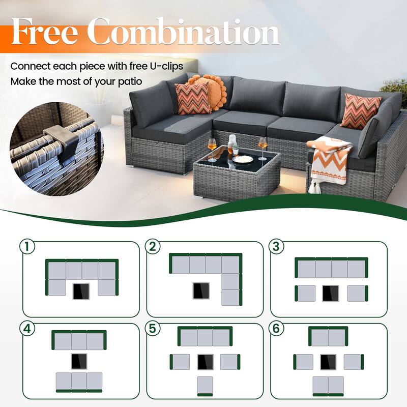 HOOOWOOO 9-piece Grey Wicker Patio Outdoor Sectional Set with Swivel Rocking Chair