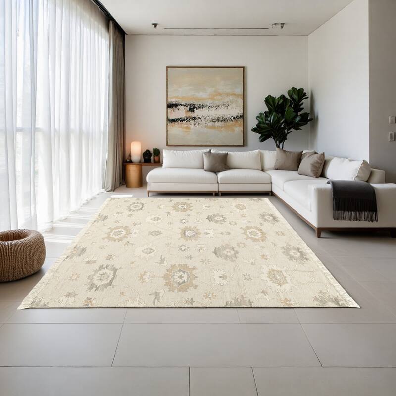 Kia 8 x 10 Large Area Rug, Handwoven Floral Patterns, Beige Brown Wool - 8 x 10