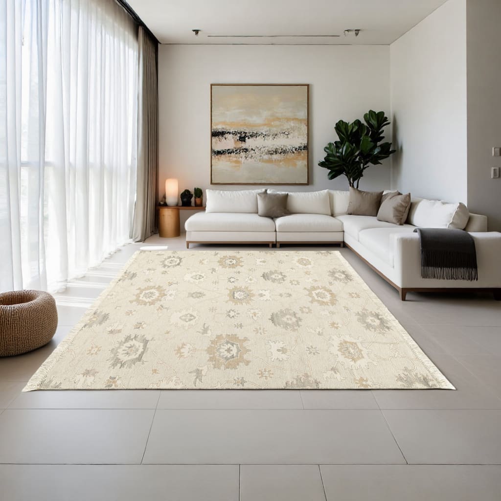 Kia 8 x 10 Large Area Rug, Handwoven Floral Patterns, Beige Brown Wool - 8 x 10