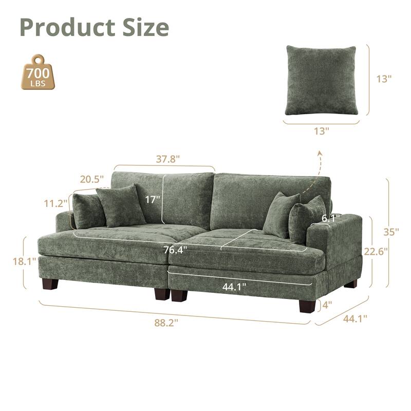88"W 3-Seater Sofa Chenille Upholstered Couch Modern Loveseat Sofa Wooden Frame Sofa for Living Room