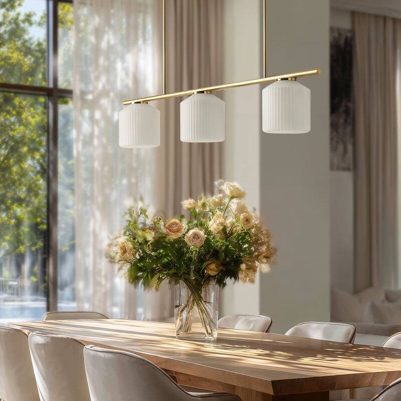 Serene Modern Pendant Light - Metal, Glass & Gold, Ivory White Linear Light Fixture For Modern, Scandinavian, Coastal Room Decor