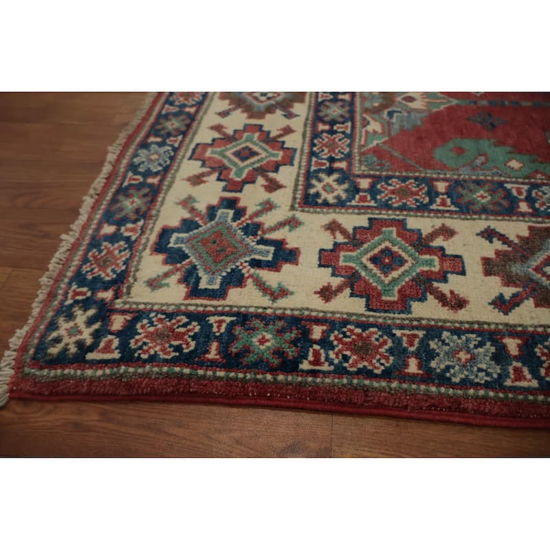 Hand Knotted Oriental 100% Wool Carpet Traditional Geometric Red Kazak Area Rug - 5' 9'' X 3' 10''