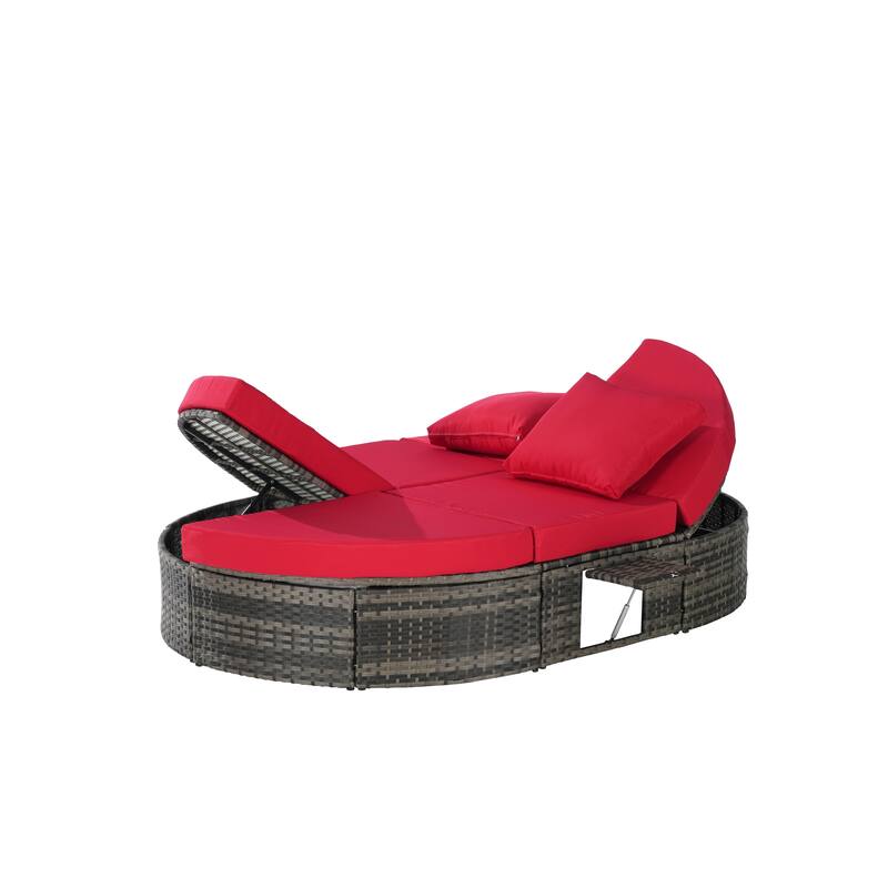 Outdoor Patio Rattan Round Daybed Sunbed with Adjustable Backrests and Foldable Cup Trays