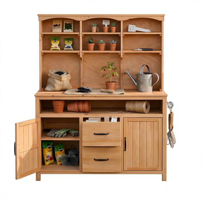 Roomfitters Outdoor Garden Potting Bench with Storage Hutch, Potting Table with Drawers and Cabinets, Shelves