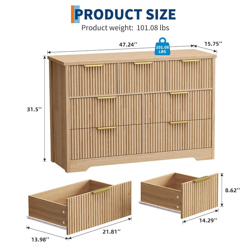 Fluted 7 Drawer Dresser for Bedroom, 47" Wide Wood Chest with Metal Handles, TV Stand & Closet Storage Organizer