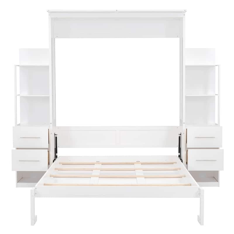 Murphy Bed Foldable Bed with Two 4-Layer Shelves Space Optimizing Wall Bed with 4 Drawers and LED Lights for Bedroom Apartment