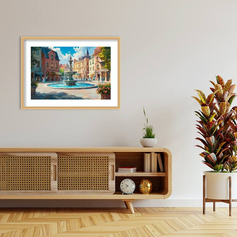 City Gathering Water Fountain by Tradelink inhouse artist Wood Framed Wall Art Print - Bethany Gold