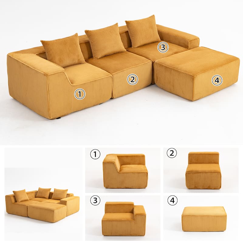 Modular Sleeper Sofa Bed Corduroy L-shaped Sectional Sofa with Chaise Floor Standing Multi Person Compressed Sofa with Ottoman