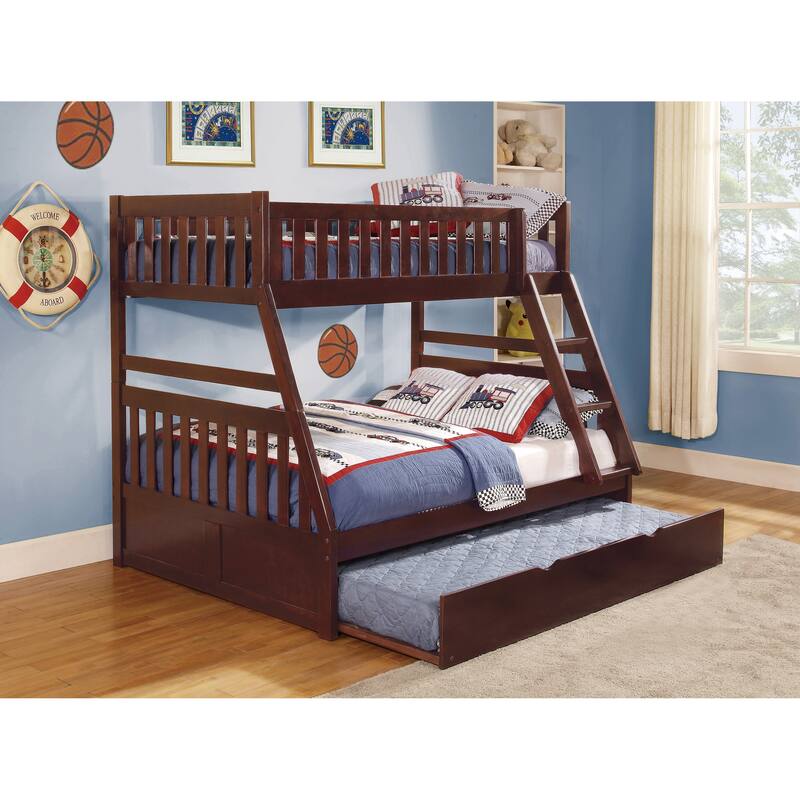 Twin/Full Bunk Bed with Twin Trundle, Dark Cherry Finish, Wooden Bedroom Furniture - Brown Mix