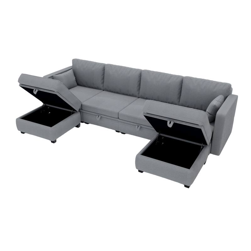 Linen Fabric U Shaped Modular Couch Set with Ottomans and Storage Seats