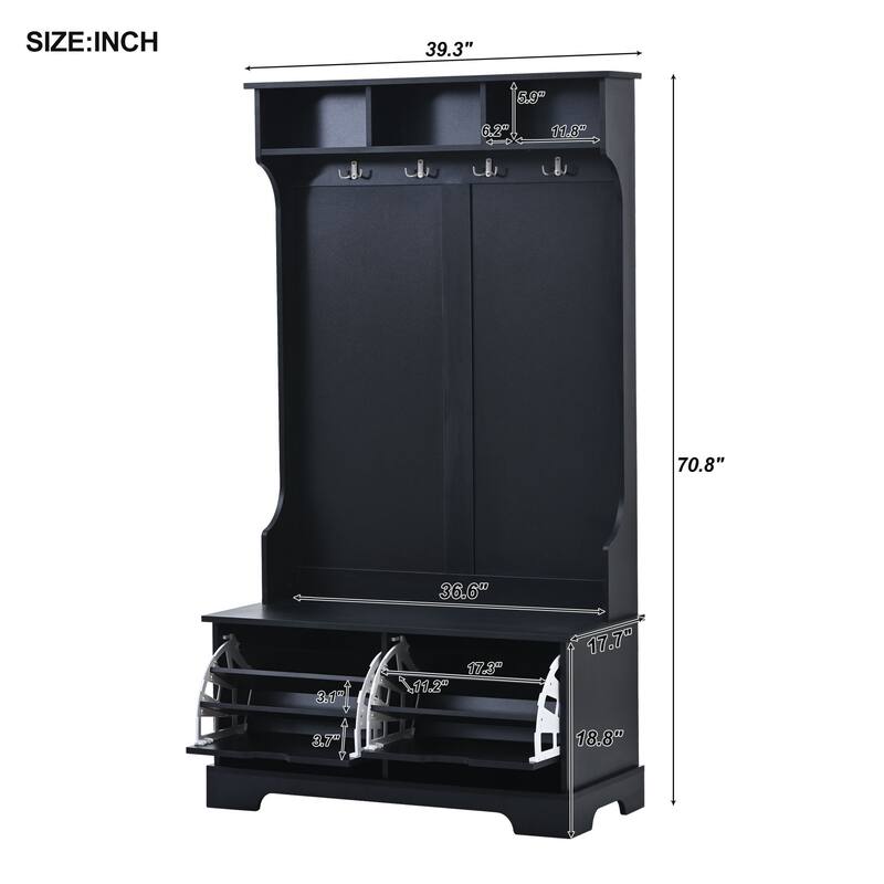 ON-TREND All in One Hall Tree with 3 Top Shelves and 2 Flip Shoe Storage Drawers