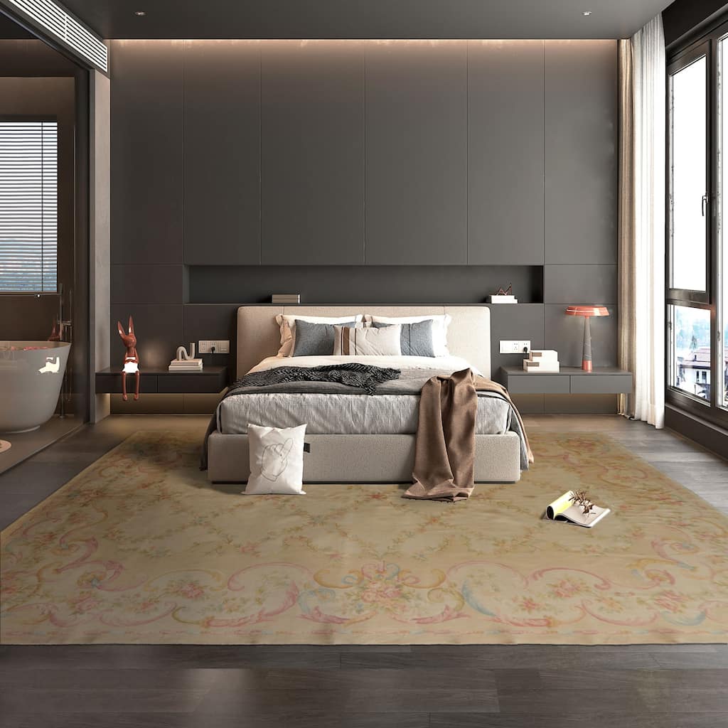 12x18 Hand Knotted Beige Silk Traditional Plush Pile Aubusson Savonnerie Rug - 12' x 18'