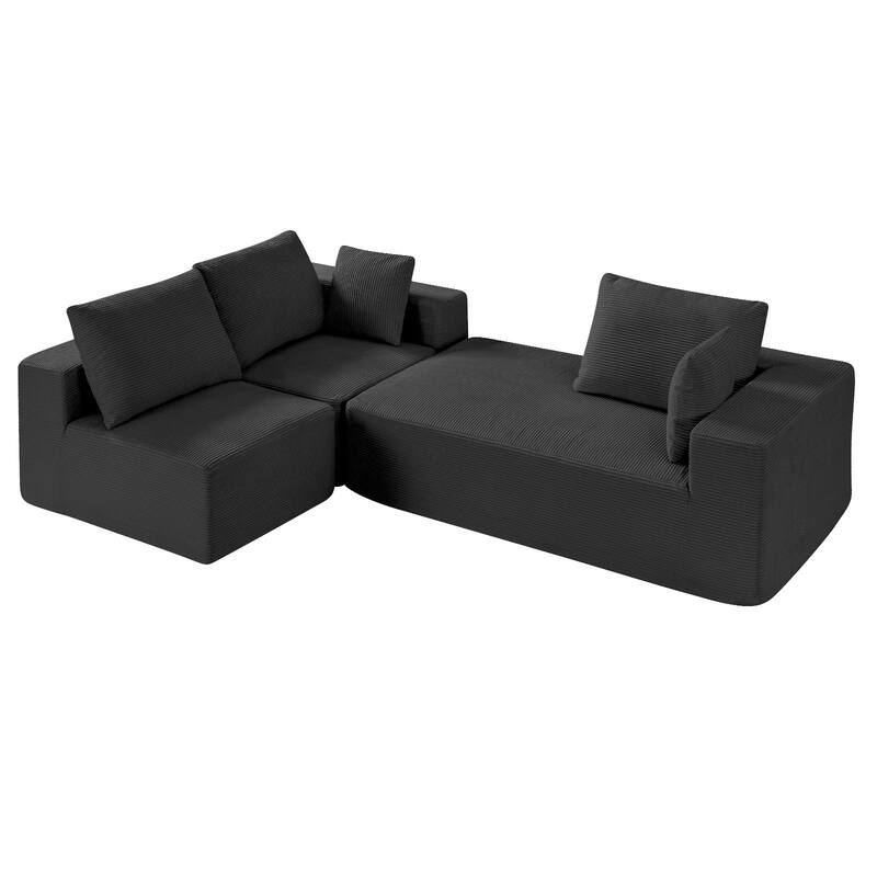 Black Corduroy Modular Sectional Sofa with Wide Armrests and Deep Seating - 104.3” L x 65” W x 22.4” H - Black