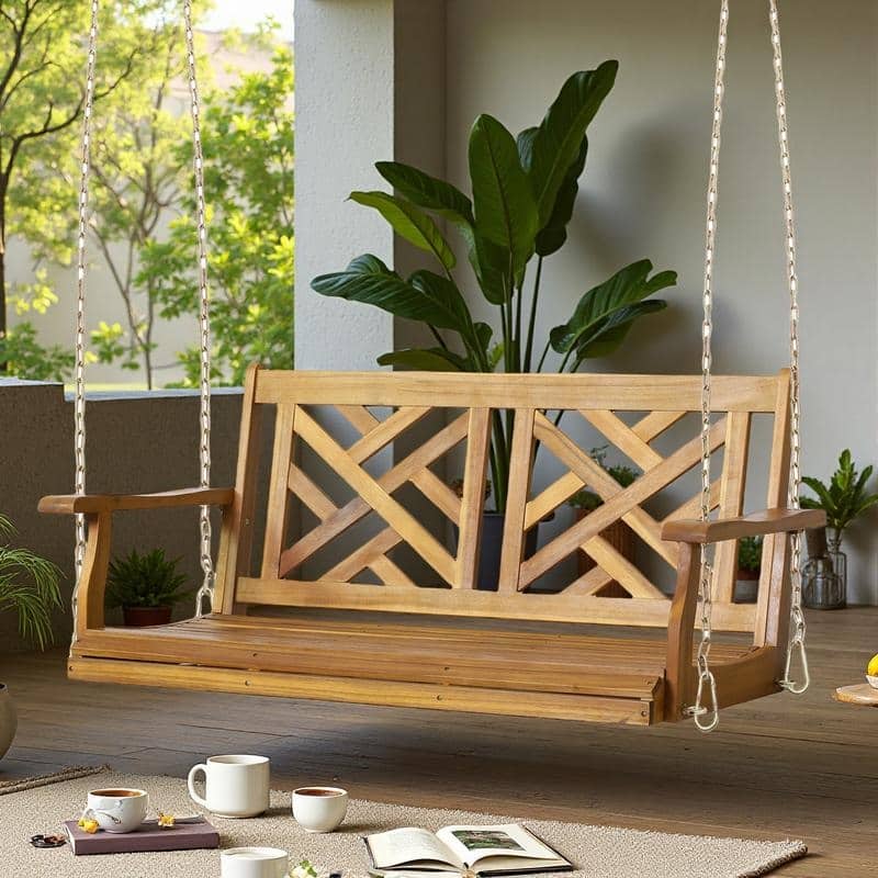 Acacia Wood Porch Swing with 8' Chains and 800lb Capacity - Teak