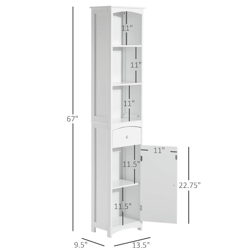HOMCOM 67" Tall Bathroom Storage Cabinet, Freestanding Linen Tower with 3-Tier Shelf, Narrow Side Floor Organizer, White