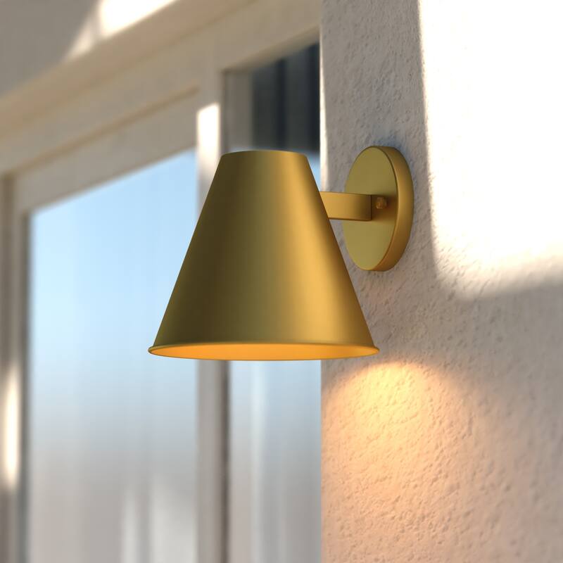 Smith 1-Light Modern Contemporary Indoor-Outdoor Wall Sconce with Metal Cone Shade, Dark Sky Compliant - Gold - 6.5-in W x 6.25-in H x 7.25-in D