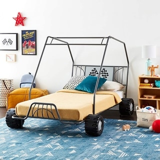 Youth Go Kart Design Twin Bed with 4 Wheels & Racing Flag Decor Headboard, Metal Tube Supporting Slat System, No Box Spring Need