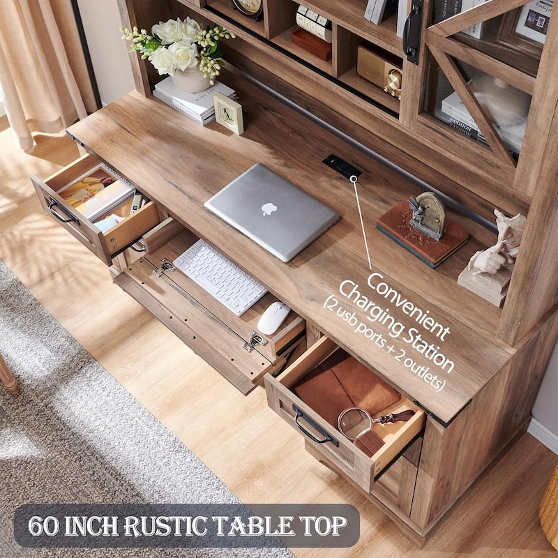 Farmhouse L Shaped Desk with Hutch, Wood Desk with Charging Station