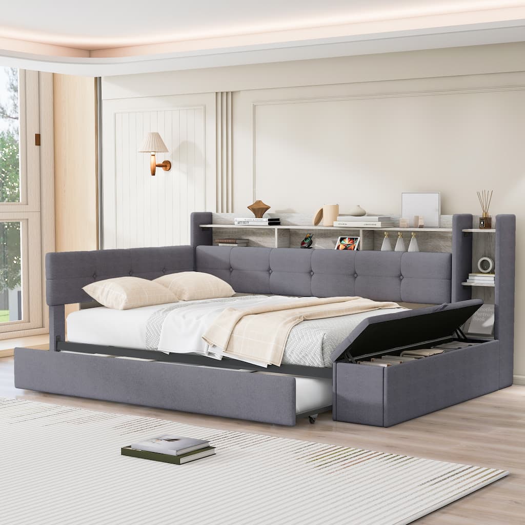 GDFStudio Lysander Croft Upholstered Daybed with Trundle, USB, LED, and Storage