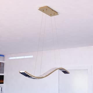 Edgewater 1L LED Gold Brass Contemporary Crystal Linear Chandelier Island Pendant Light Fixture - 37.5-in W x 5-in H x 4.25-in D