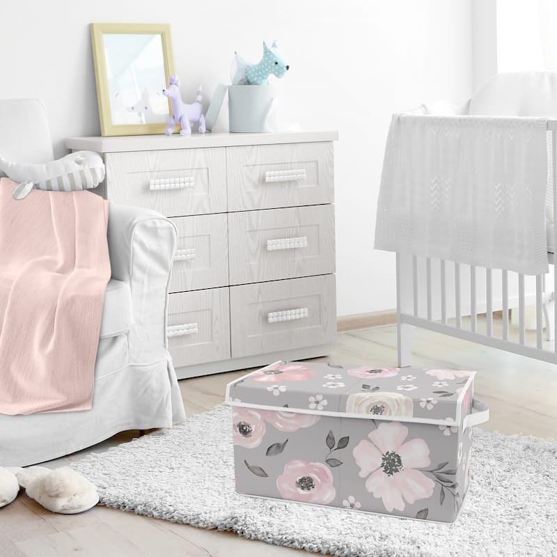 Grey Watercolor Floral Girl Kids Fabric Toy Bin Storage - Blush Pink Gray and White Shabby Chic Rose Flower Polka Dot Farmhouse