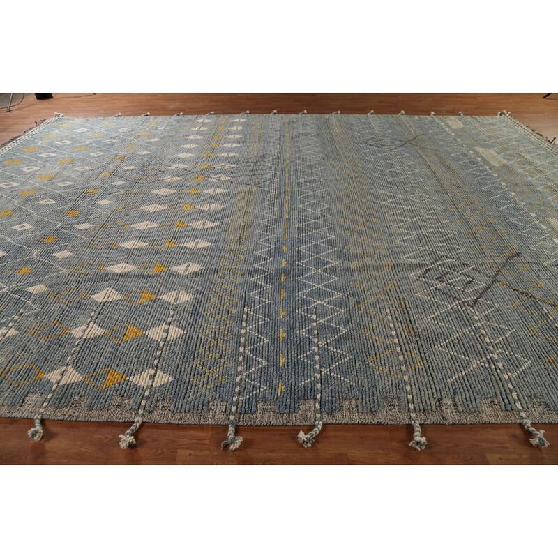 Grey Blue Moroccan Palace Size Area Rug Hand-Knotted Wool Carpet - 11'10"x 16'5"