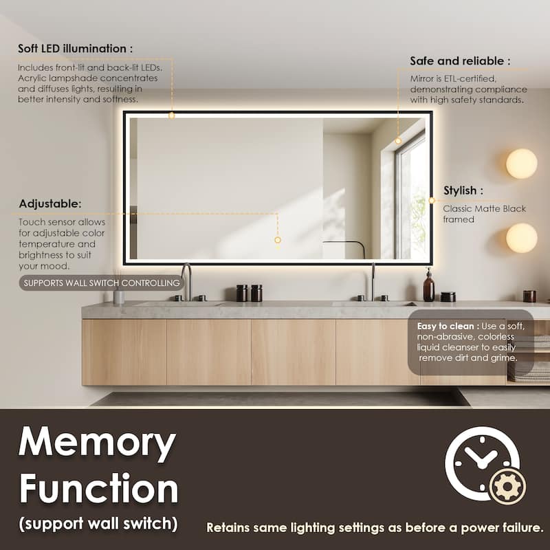 Apollo Rectangular Anti-Fog Dimmable Modern Bathroom/Vanity LED Lighted Wall Mirror in Matte Black Aluminum Framed