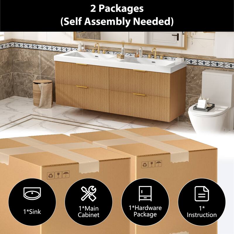 GDFStudio - Stratford Modern Wall Mounted Double Sink Bathroom Vanity with SMC Countertop, Soft Close Drawers & Storage - 19.8"