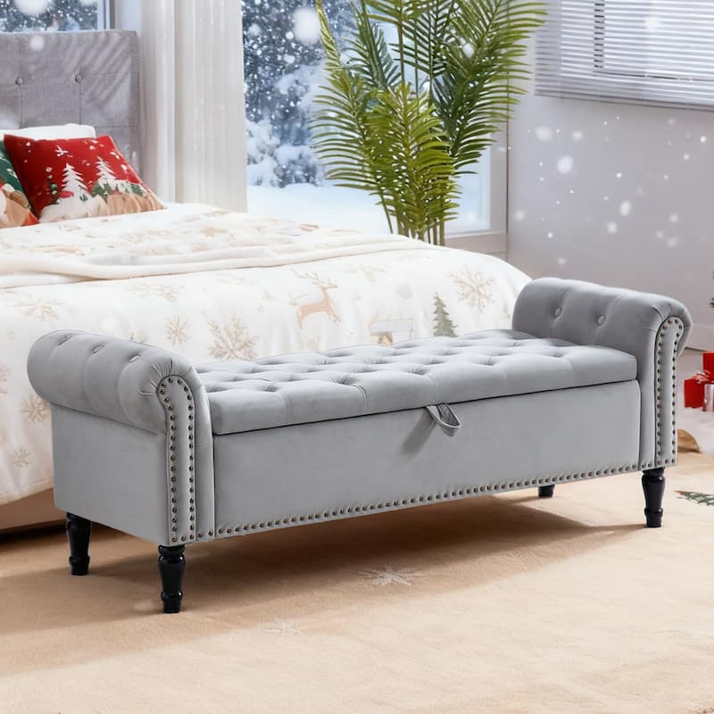 67" Velvet Tufted Storage Bench for Bedroom End of Bed with Roll Arms