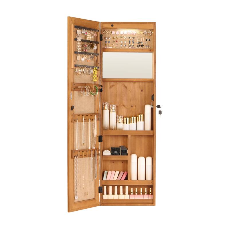 Solid Wood Jewelry Armoire Organizer Cabinet with Full-Length Mirror, 47.5x14.3 in Wall-Mounted Lockable with LED Light