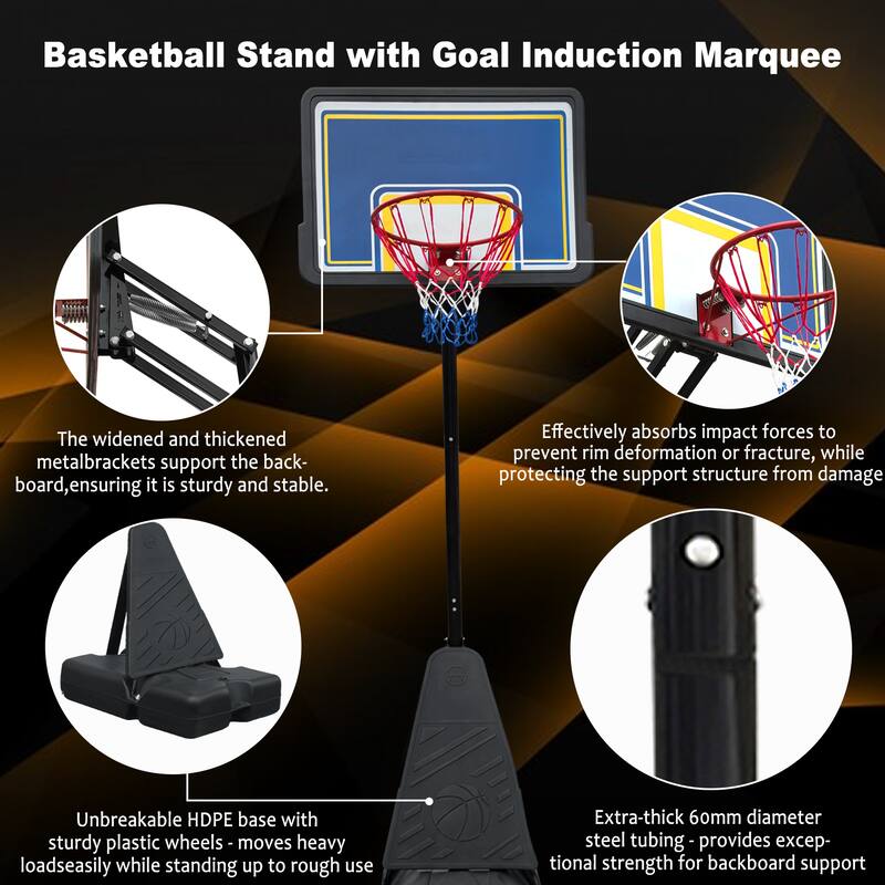 Portable Basketball Hoop with Adjustable Height and Steel Frame PC Backboard for Outdoor Use - 44 x 27.56" (L x W)