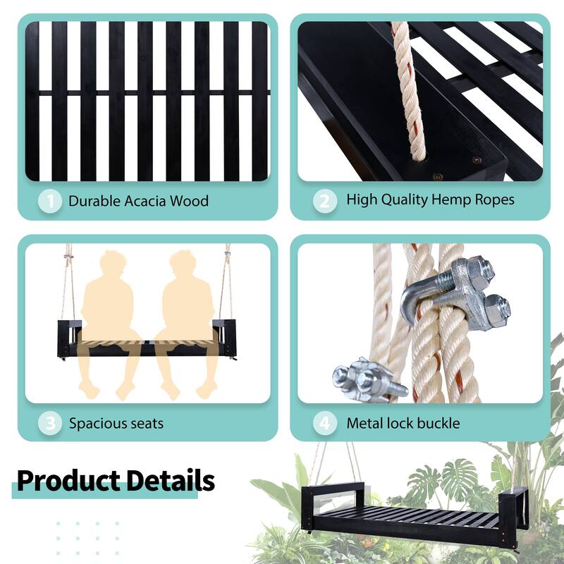 Twin Size Porch Swing Bed Seating Group, Patio Acacia Wood Swing Frame with Hemp Ropes for Garden, Backyard