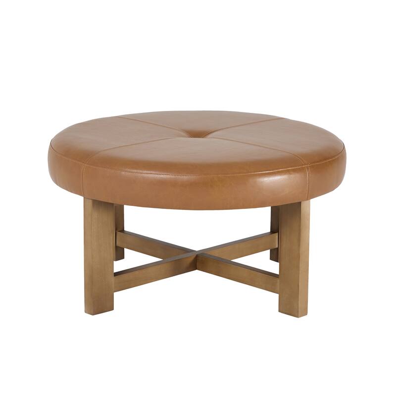 Christopher Knight Home - Marlowe Modern Round Faux Leather Ottoman Coffee Table with Tufted Top and Wood Base