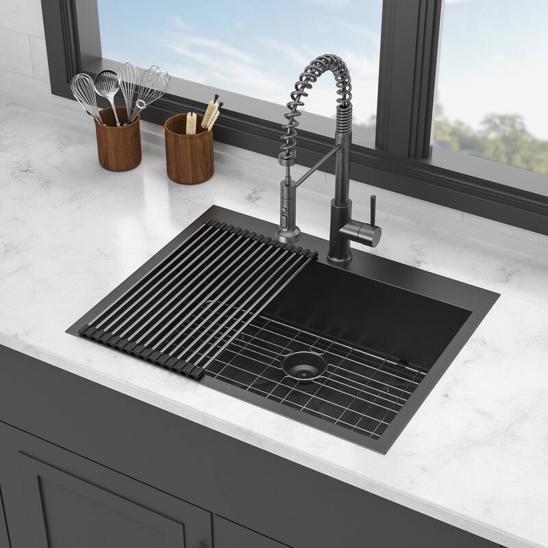 Black Stainless Steel Single Bowl Drop-in Kitchen Sink with Rinse Grid - 28'' X 22''