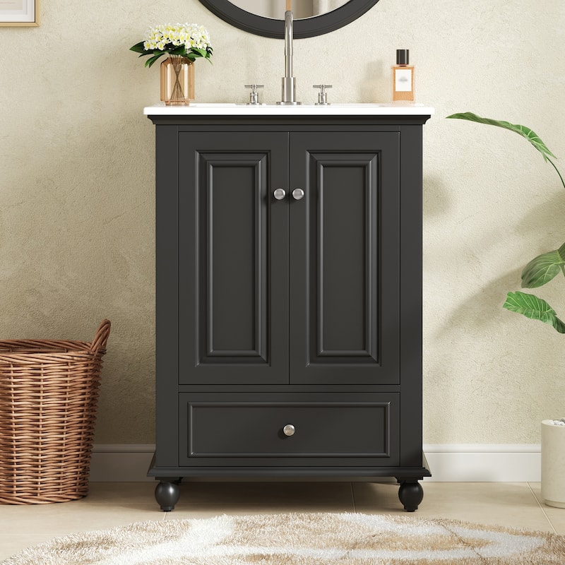 24" Bathroom Vanity with Ceramic Sink, Freestanding Storage Cabinet with Soft-Closing Doors & Drawer Dividers