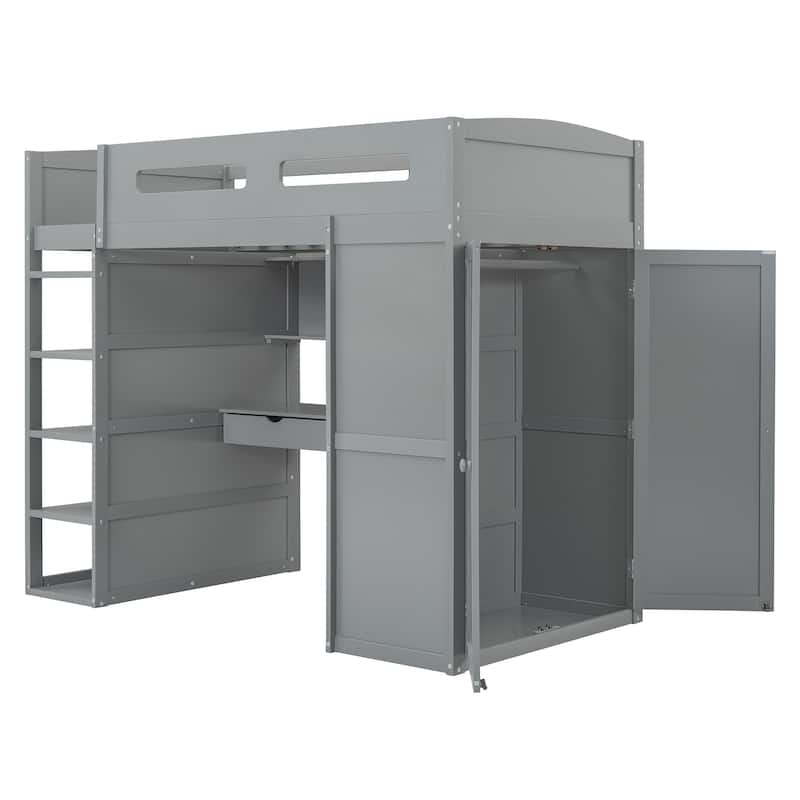 Gray Twin Size Solid Wood Loft Bed with Desk, Wardrobes, 4 Drawers and 4 Shelves for Kids, Bedroom