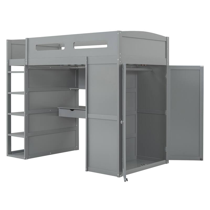 Solid Wood Loft Bed with Desk, Wardrobes, and Shelves