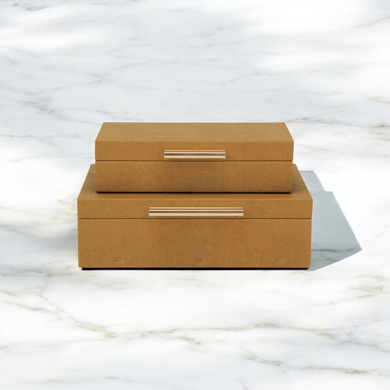 Faux Shagreen Decorative Boxes - 11.75" - Brown and Gold - Set of 2