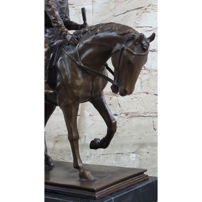Signed Original Jockey With Horse Bronze Marble Base Hot Cast Sculpture Figure