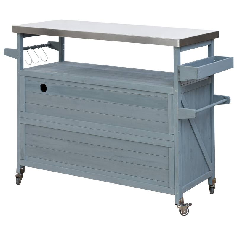 Outdoor Kitchen Island, Rolling Bar Cart & Storage Cabinet, Solid Wood Outdoor Grill Table with Stainless Steel Top