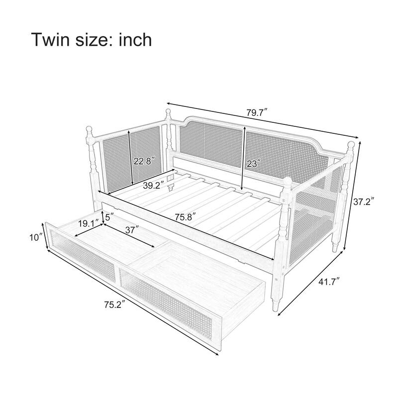 Rattan Bed Frame French Provincial Daybed with Solid Pine Wood and Large Storage Drawers, Easy Assembly, No Box Spring Required