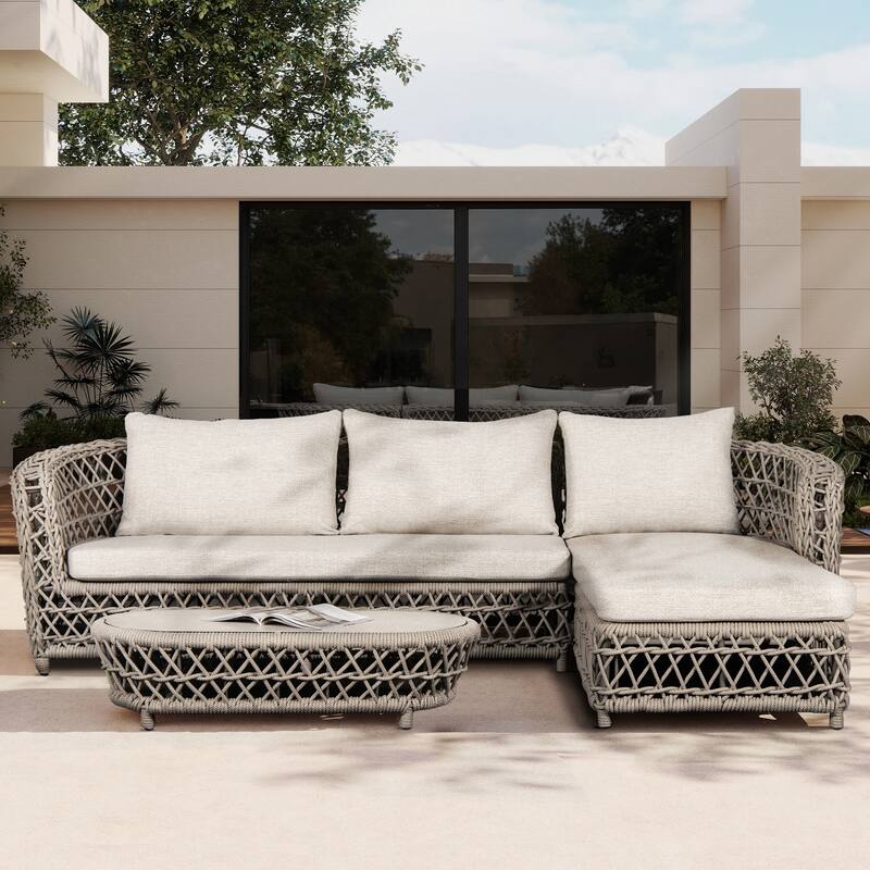 Everly 43.5" Oval Woven Patio Coffee Table, Light Beige Olefin Rope