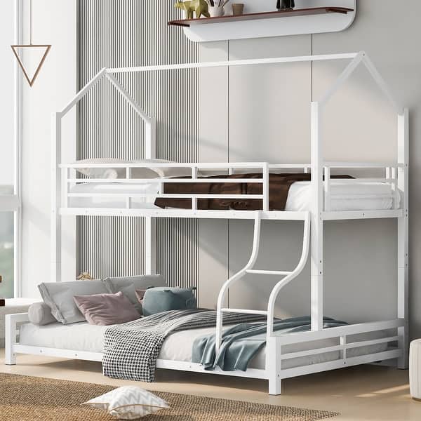 slide 2 of 12, Metal House Bunk Bed with Roof, Twin over Full, White