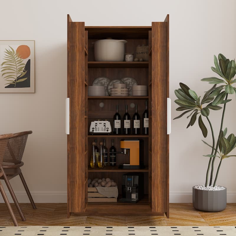 Kitchen Pantry Cabinet Storage Cabinet, Freestanding Buffet Cupboards Sideboard with Doors & Shelves - Walnut
