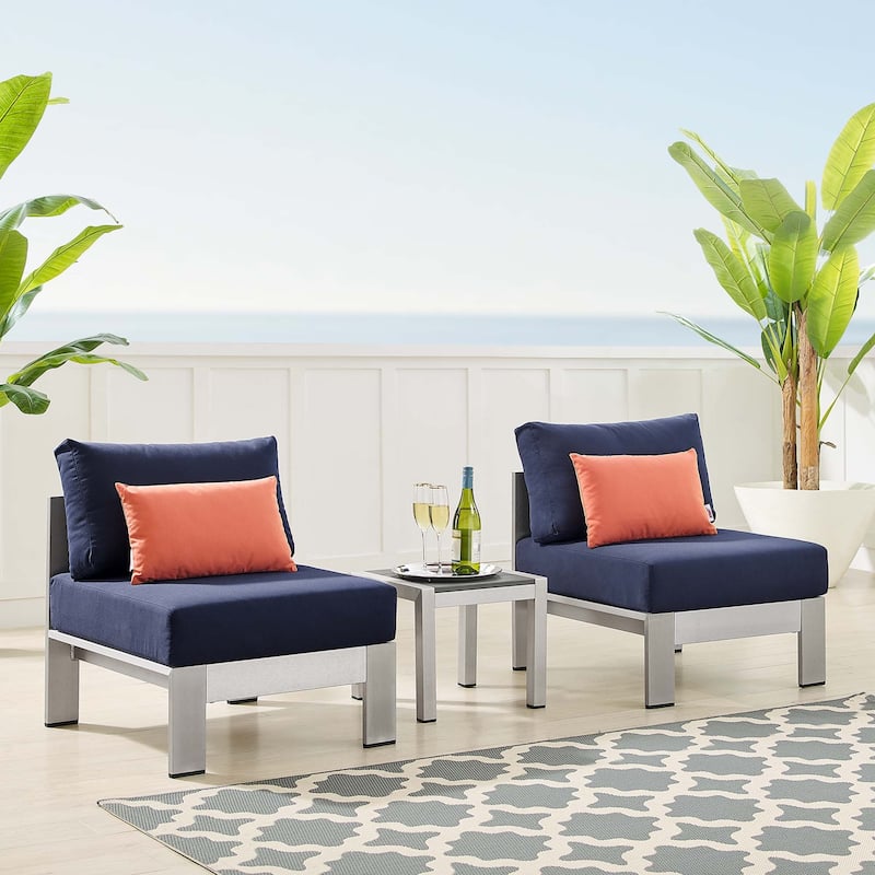 Shore Sunbrella® Fabric Aluminum Outdoor Patio Aluminum 3 Piece Outdoor Patio Set - Silver Navy