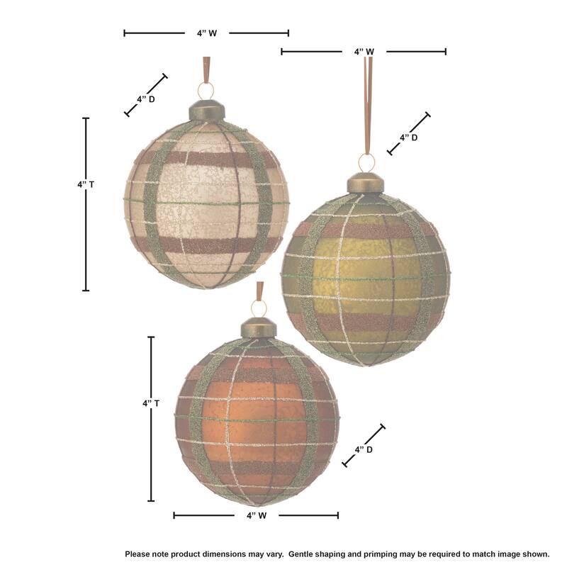 4" Glass Matte Plaid Ball Ornament Set of 6